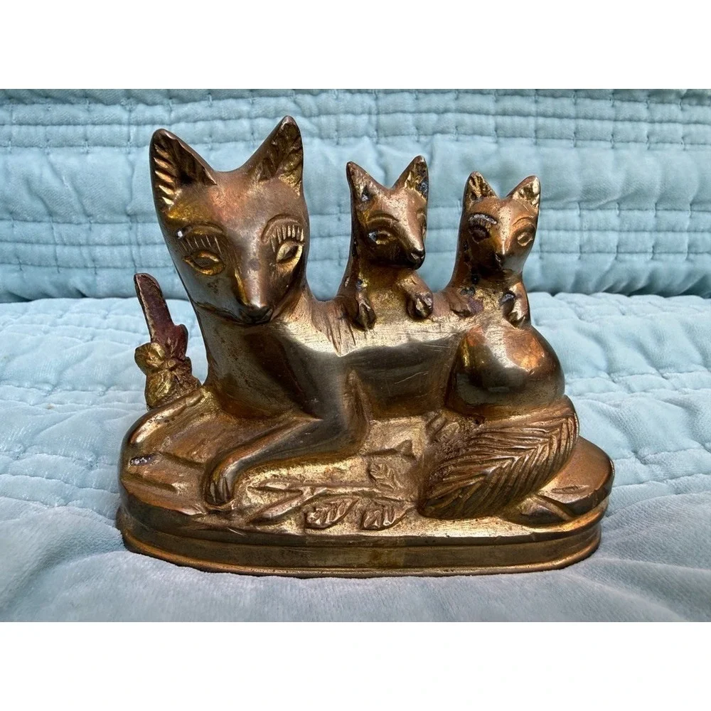 Vintage H.B. Product Cast Brass Fox Figurine Mother with Two Babies Kits Statue